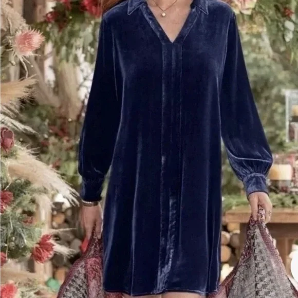 Sundance Hendrix Velvet Shirtdress Long Sleeve Navy Paris Night Blue Relaxed - Picture 2 of 8